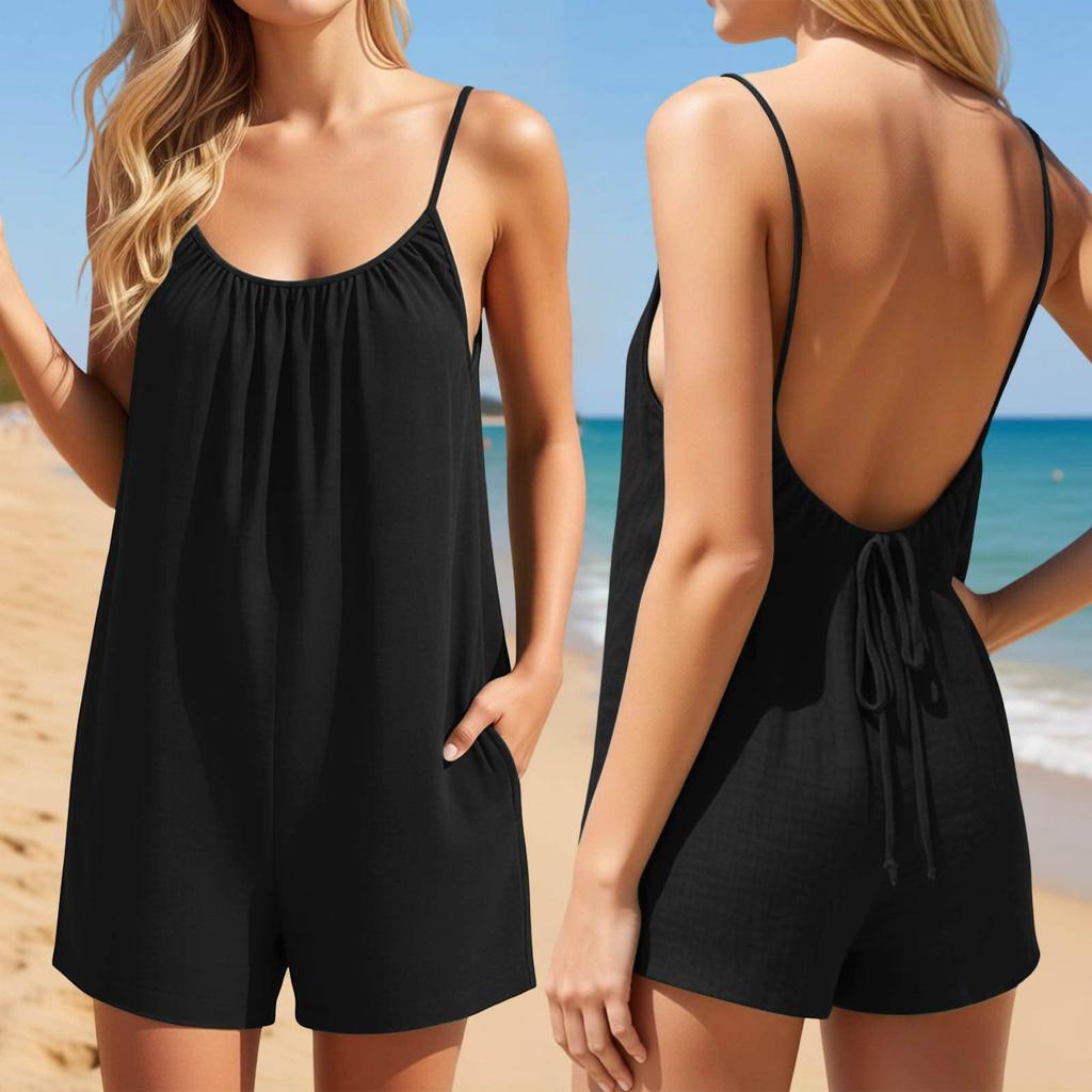 Summer 2026 Women's Linen Shorts Jumpsuit - One-Piece Romper for Beach Vacations