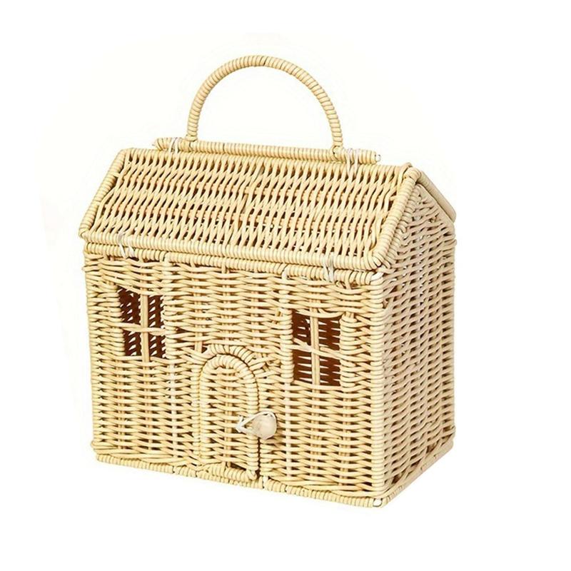 A74E-Rattan House Shaped Basket With Lid, Decorative Hand Woven Shelf Organizer Featuring A Folding Handle, Harvest Wicker Baske