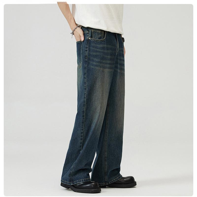 Simple Men's Denim Pants Casual Washing Solid Color Menswear Bottom Middle Waist Straight Wide Leg Loose Male Jeans 2025 Spring Autumn