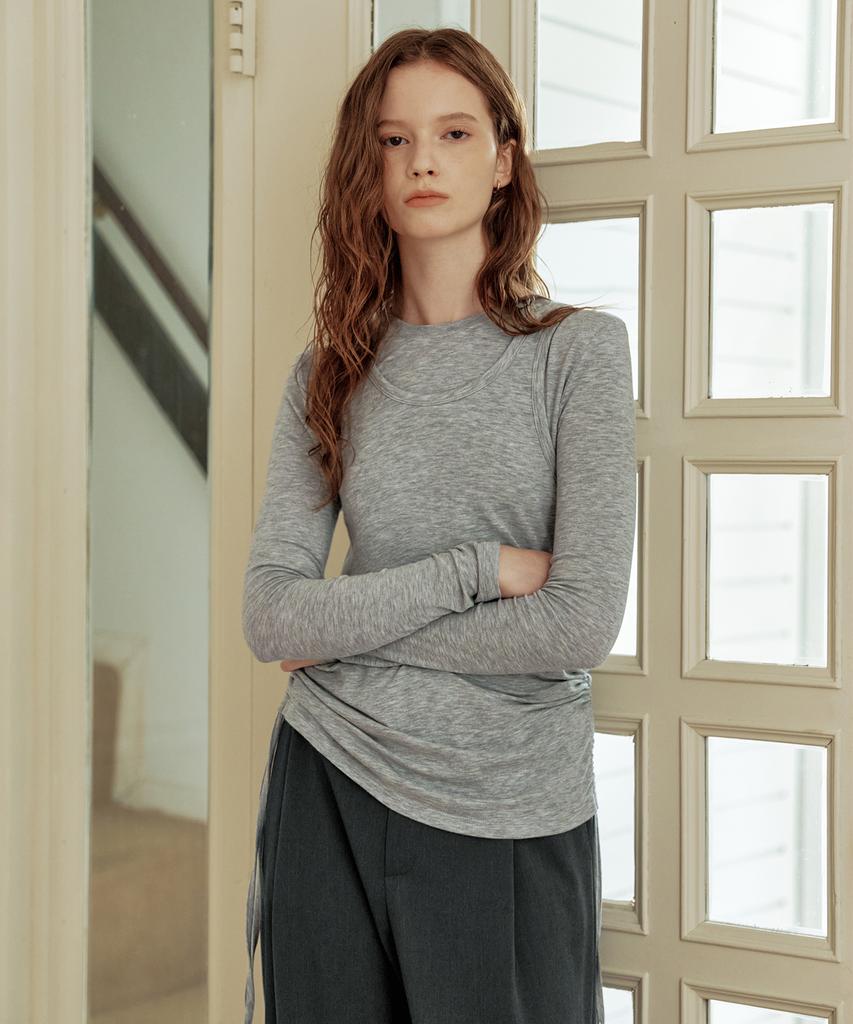 ZEROSTREET Shirred Layered T-Shirt / Melange Gray