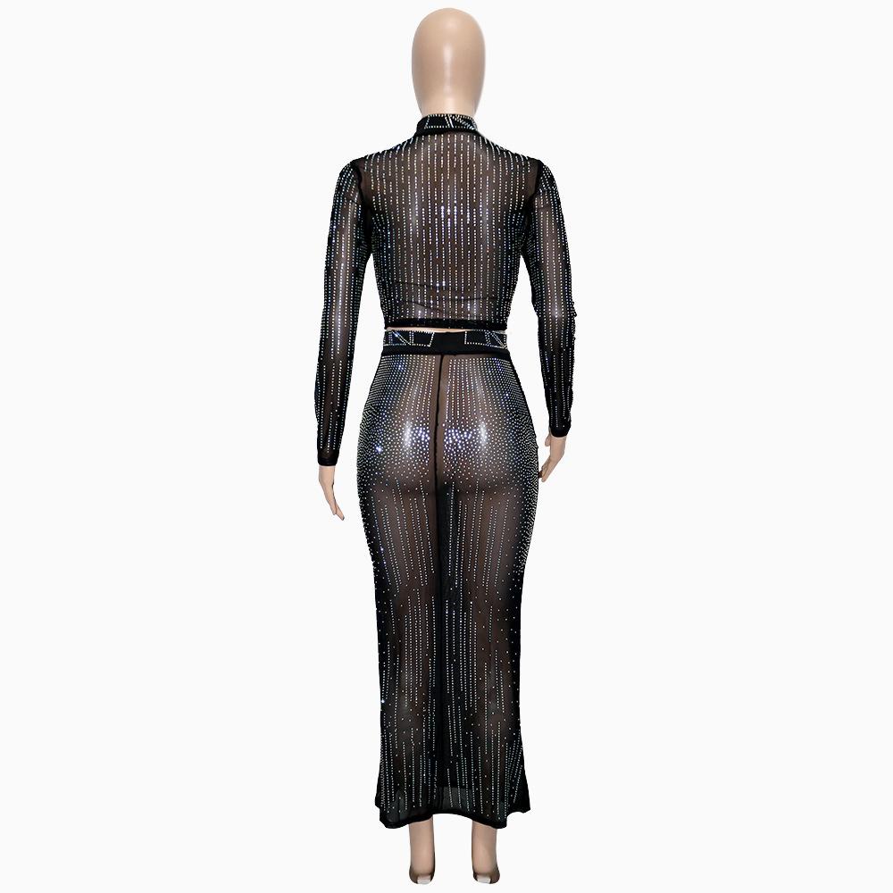 Women Fashion Sets Evening Dress Sexy Clubwear Black Long Sleeve Rhinestone T-Shirt and Skirt 2 Pcs Sets S-2XL