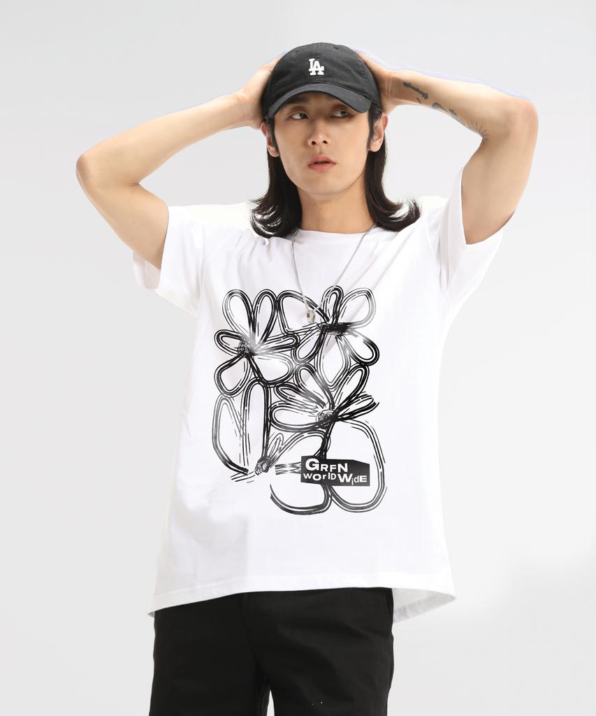 Geulaenpini Line Flower Oversized Short Sleeve T-Shirt - White