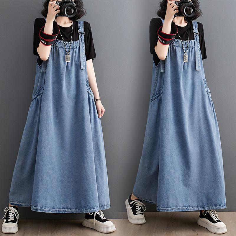 Plus Size Women's Summer Denim Overall Dress - Loose, Slimming, Korean Style for Maternity and Big Swing