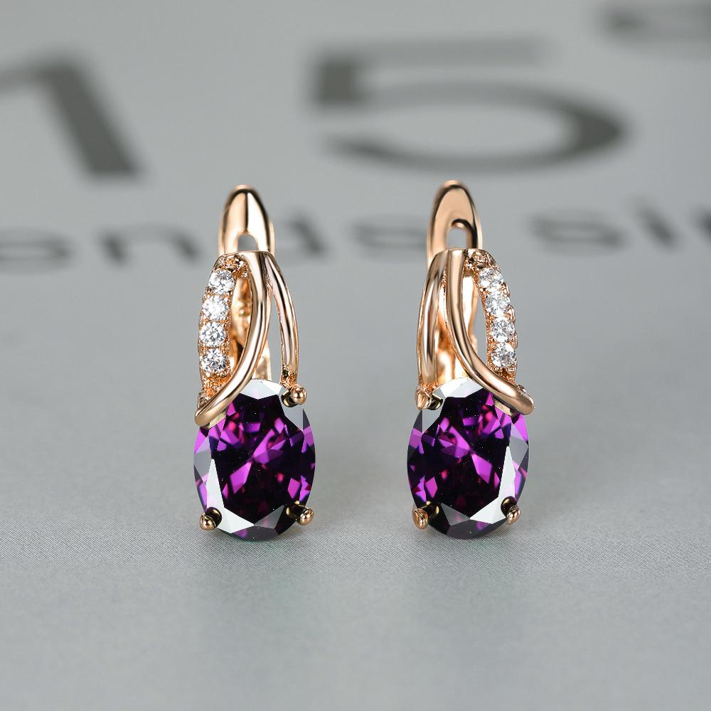 Crystal Purple Oval Stone Rose Gold Color Wedding Hoop Earrings For Women