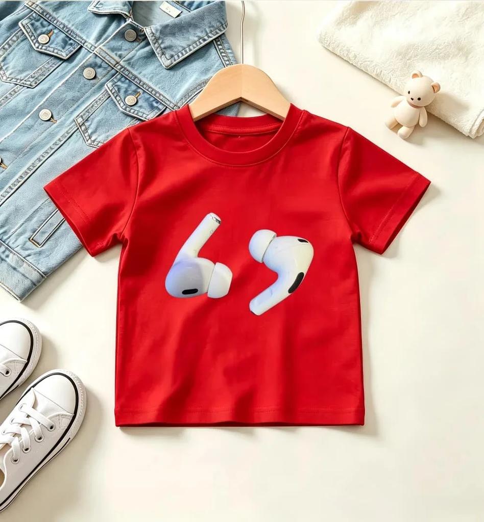 Kids Black Short Sleeve T Shirt Realistic Wireless Earbuds Pattern Print Crew Neck Boys Girls Trendy Casual Summer Tee