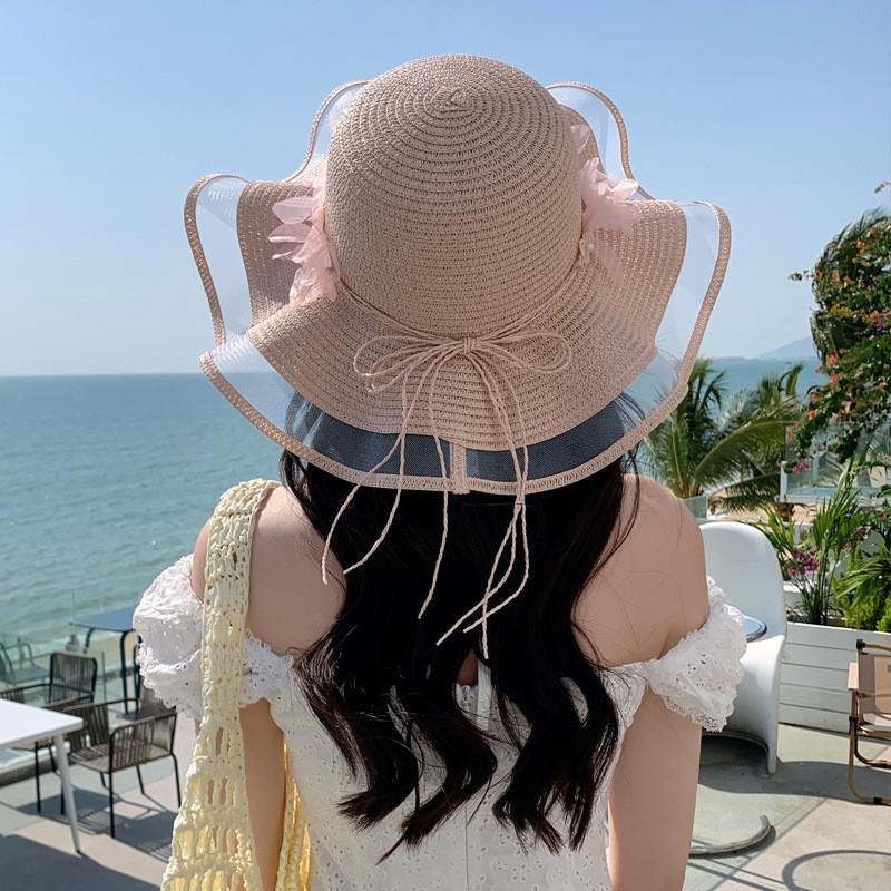 Summer Pearl Floral Straw Hat With Wide Brim For Outdoor Travel Sun Protection
