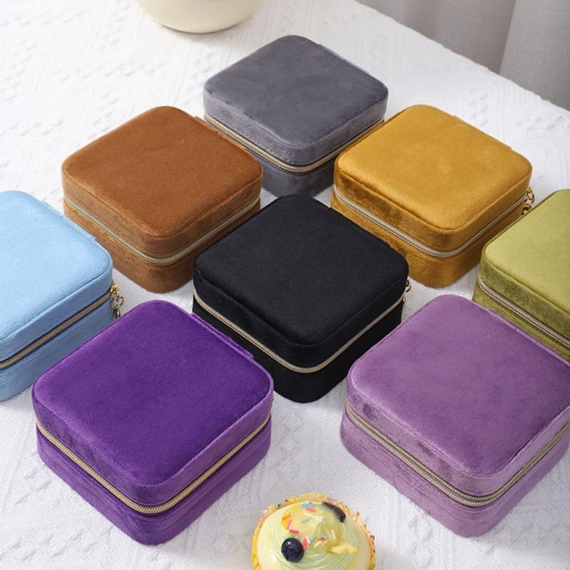 High-end Square Zipper Style Jewelry Box Travel Portable Velvet- Jewelry Storage Bag Bracelet Earrings Jewelry Organizer