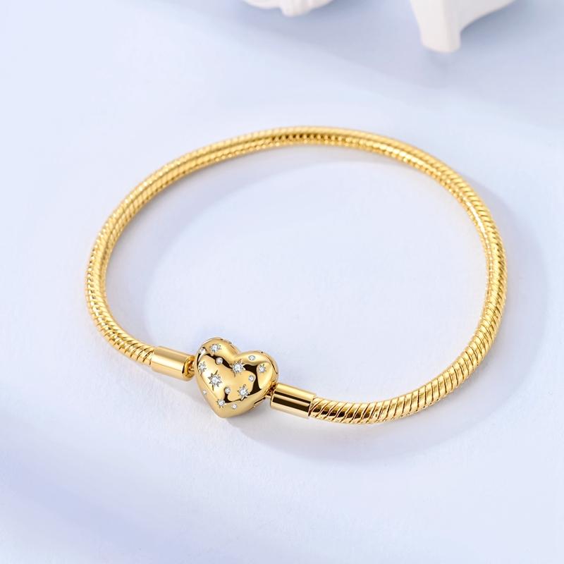 925 Silver Heart Bracelet 17-20CM Sparkling Golden DIY Charms Beads Fashion Jewelry for Women