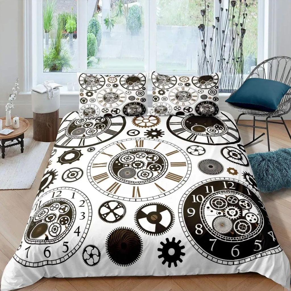 Gear Printing Duvet Cover Three-Piece Retro Mechanical Device Bedding Quilt Cover