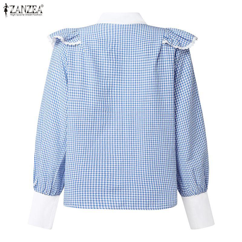 ZANZEA Blouse Décontractée Femme à Volants et Manches Longues à Carreaux