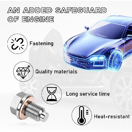 M14×1.5 Magnetic Oil Drain Plug, Aluminum Stainless Steel Sump Drain Nut Bolt with 5 Copper Crush Washer, Universal Leak-proof Replacement Car