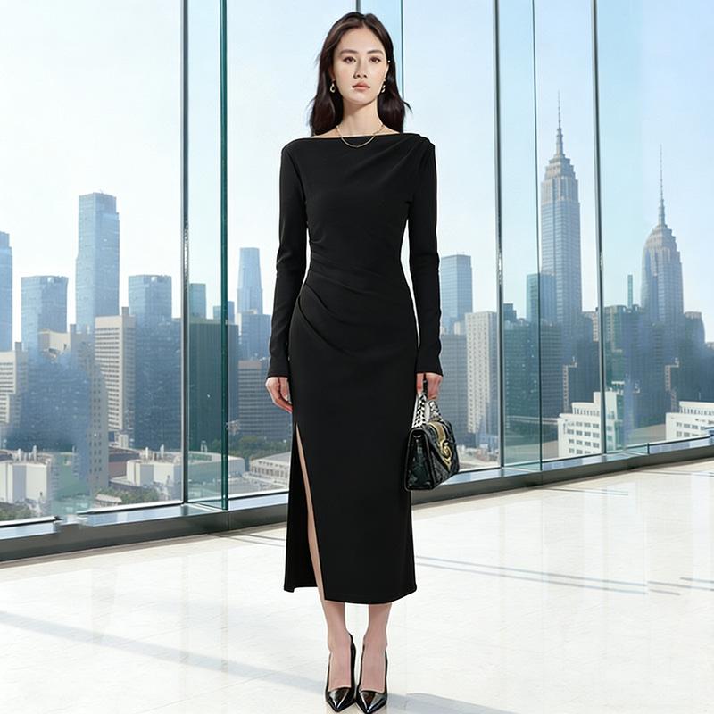Stylish White Off-the-Shoulder Dress: Elegant, Long-Sleeved, Cinched-Waist, Perfect for Autumn/Winter, Formal Cross-Border Daily Wear
