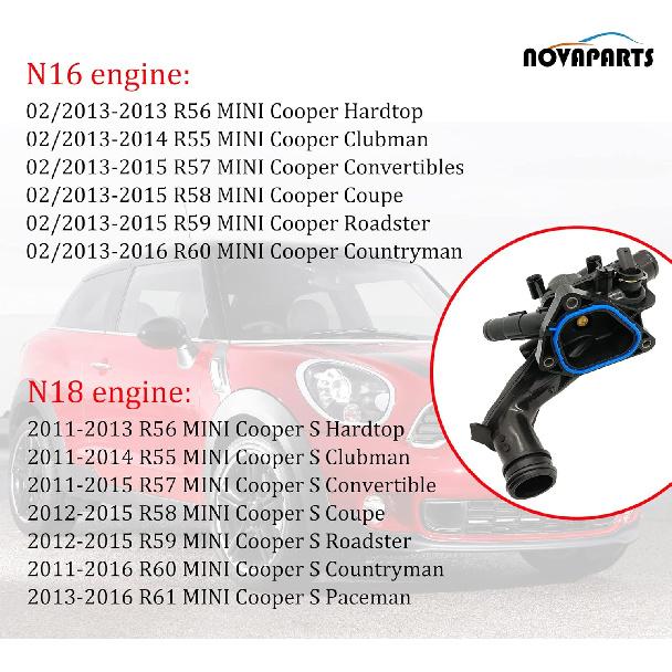 11538674895 Engine Coolant Thermostat Housing Assembly for 2011-2016 N16 Mini Cooper Clubman Countryman Convertibles N18 Mini Cooper S JCW 1.6L L4