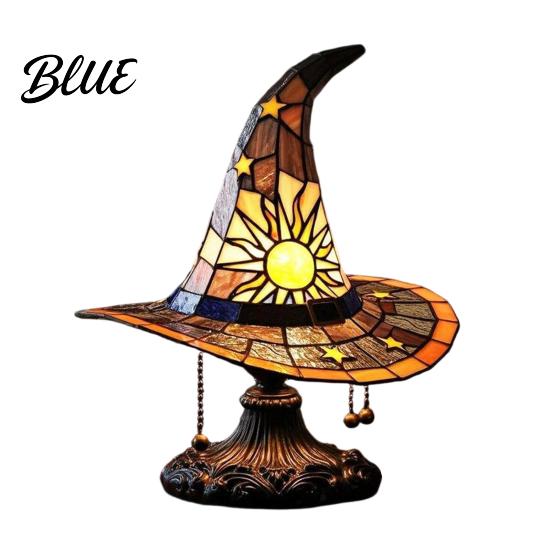 Ambient Bedside Light Stained Glass Style Witch Hat Lamp USB Powered Resin Wizard Night Soft Warm Lamp with Sun Star Gothic Halloween Table