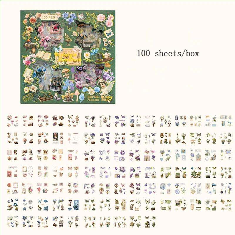100 Pieces box Cute Cartoon Retro Gift Box Sticker Set Childrens DIY Handmade Manual Account Decoration Scrapbook Creative Adhesive Material Stickers
