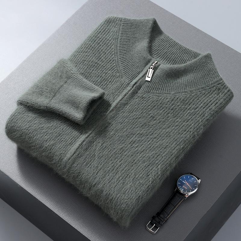 Nerz Samt Mittelhoher Kragen Cardigan, Einfarbig Gestreift, Verdickte Strick Herbst/Winter Basis Layer Pullover
