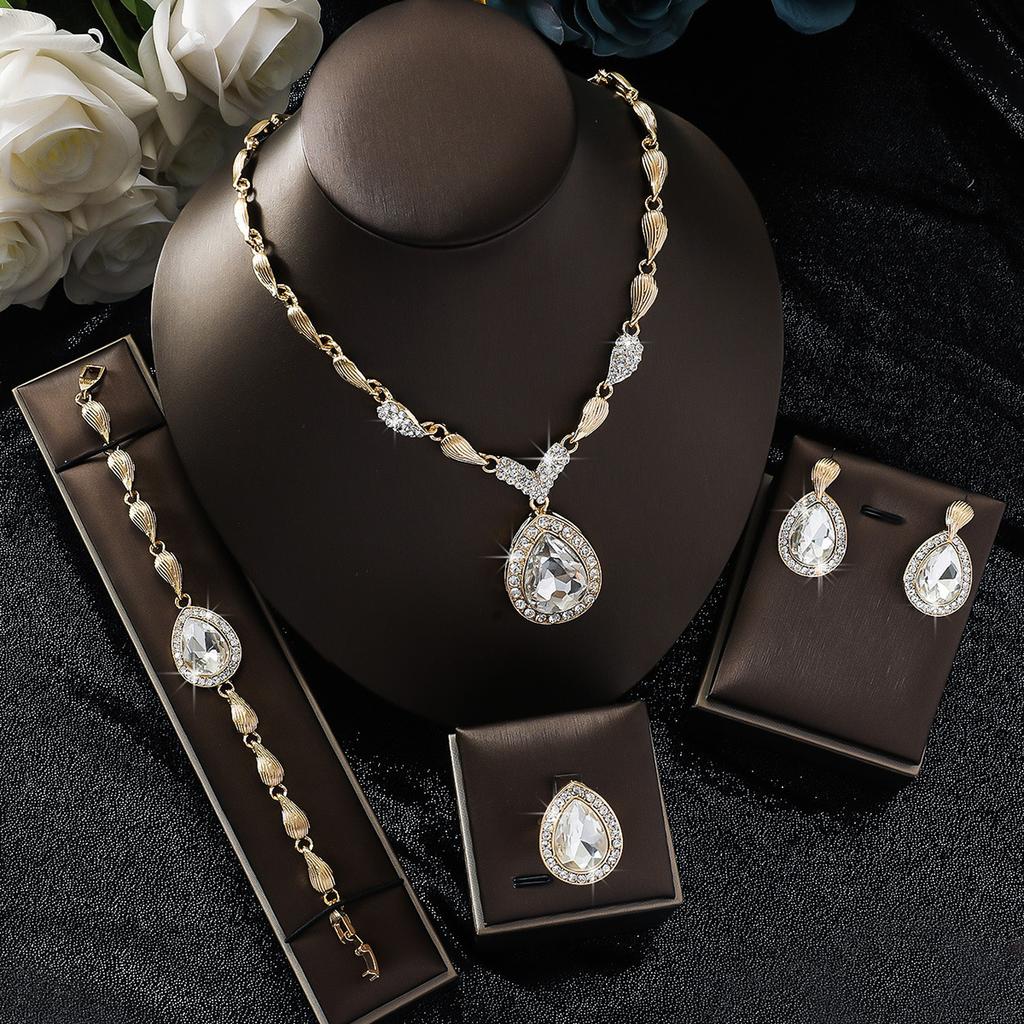 Foreign Trade Trend Exaggerated Droplet Gemstone Necklace Earrings Bracelet Ring Alloy Four Piece Set Bridal Banquet Jewelry