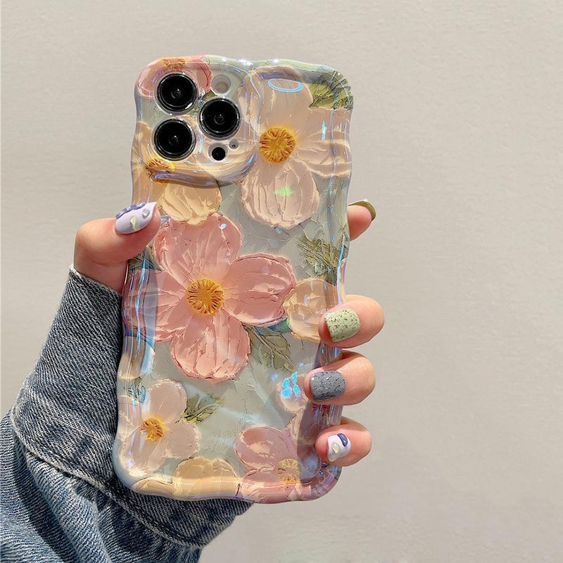 Luxury Laser Blue Light Flowers Phone Case For iPhone 16 Pro Max 15 14 13 12 11 Plus Fashion Retro Shockproof Silicone Cover