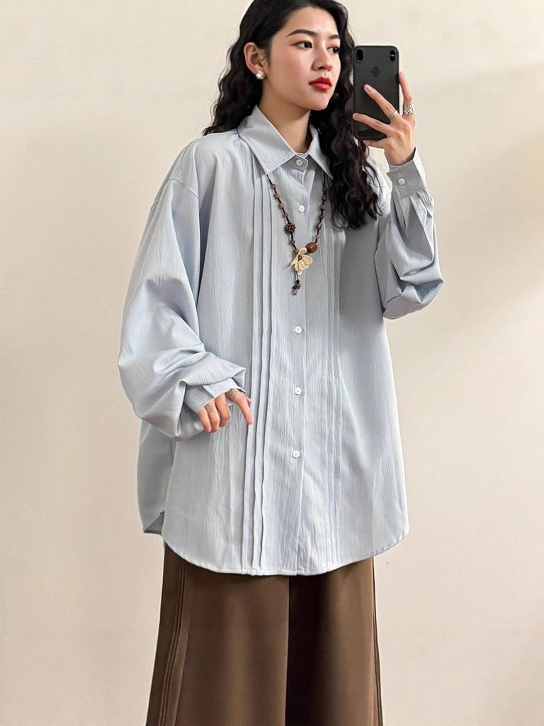 Women's Early Autumn Japanese-Inspired Pleated Long-Sleeve Shirt - Casual and Loose Fit