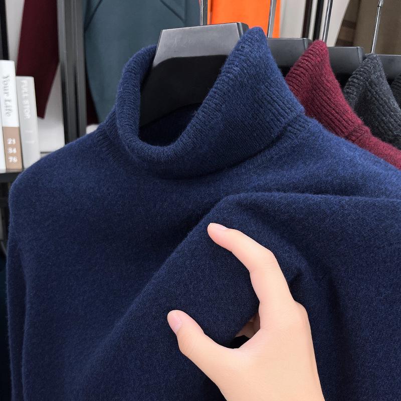2025 Autumn/Winter Men's High Neck Lambswool Sweater, 100% Wool, Versatile Loose Pullover Base Layer