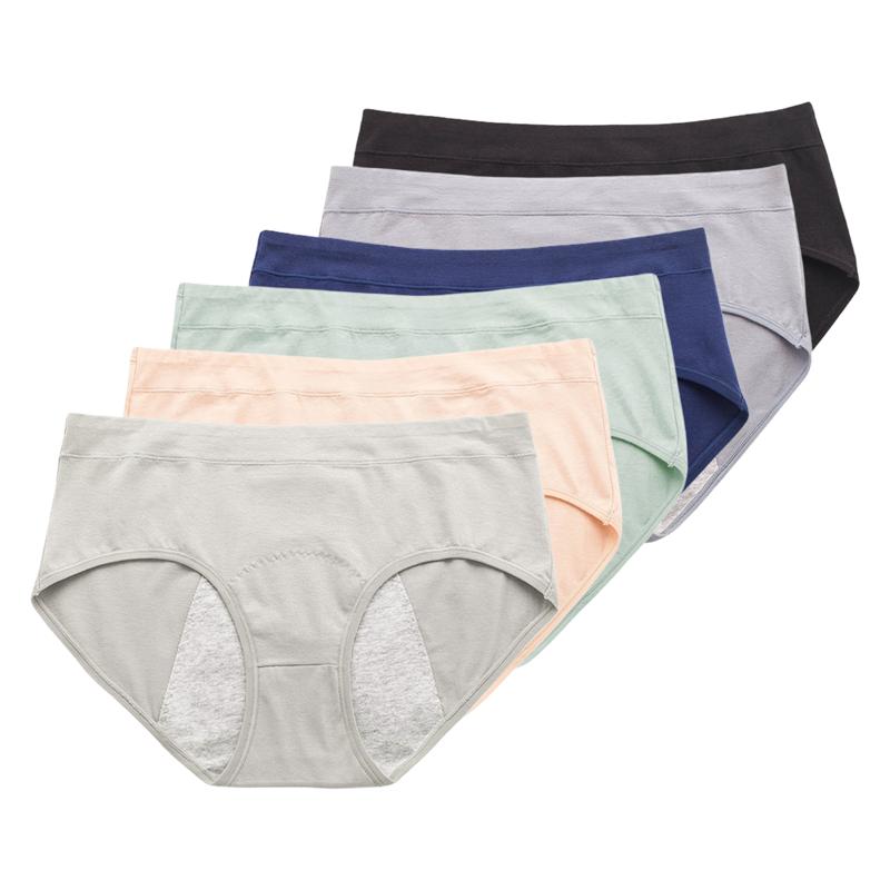 6PCS Ladies Leakproof Menstrual Panties Cotton Mid Rise Soft Breathable Daily Underwear