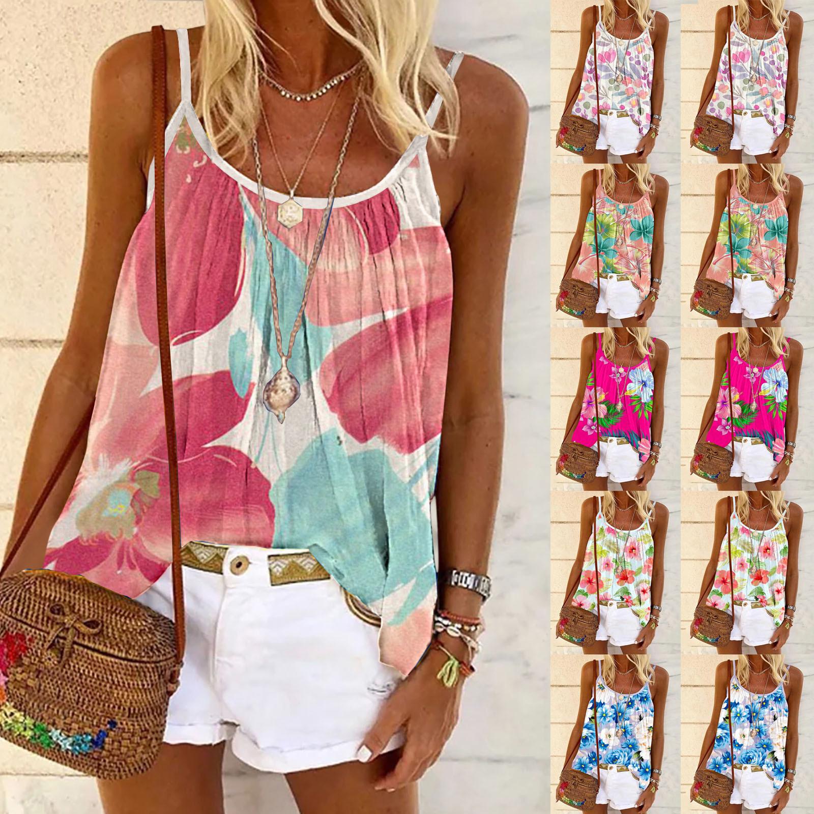 

Модная Женская Летняя Круглая Шея Безрукавка Принт Повседневная КамисТоп Блузка