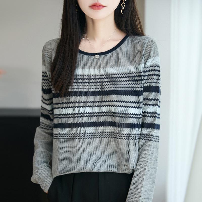 

Новый женский свитер с круглым вырезом, в полоску с цветовыми блоками и вырезами, и трикотажный базовый слой с длинными рукавами для осени и зимы One Size серый