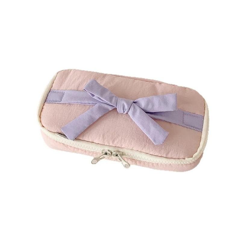 1Pcs INS Style Korean Fabric Craft Pencil Case Minimalist Bowknot Buggy Bag Student Stationery Bag Desktop Storage Bag