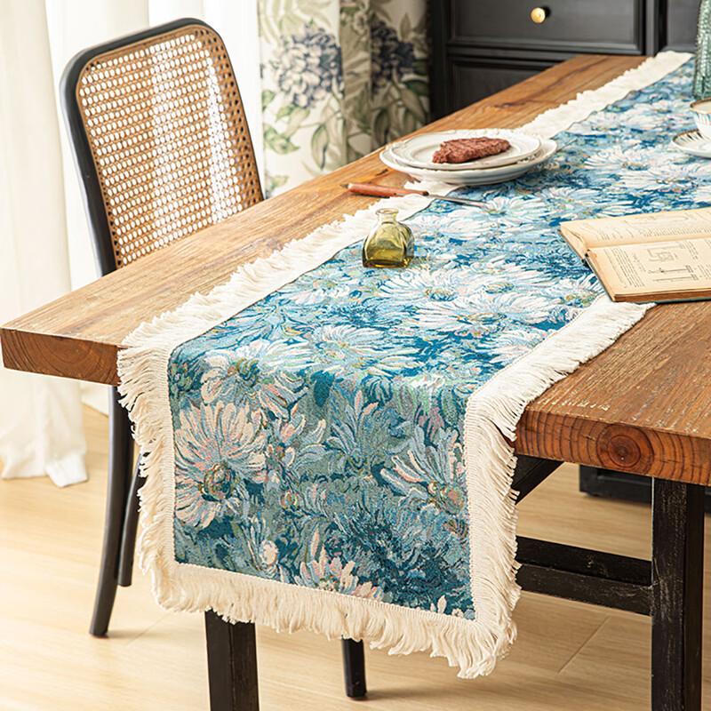 Cotton Linen Floral Jacquard Tassel Table Runner