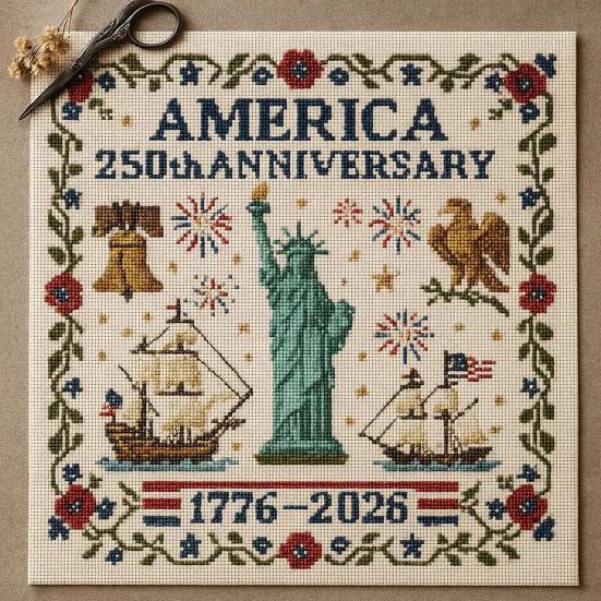America Stitch Anniversary Cross US 250th Patriotic Cross Stitch Kit Beginner-Friendly Commemorative