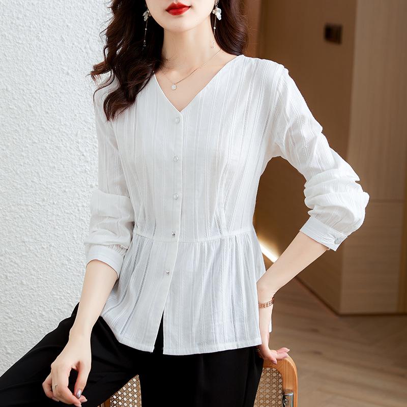 

Рубашка из шифона с французским V-образным вырезом, женская весенняя белая рубашка с длинными рукавами, рубашка с юбкой-юбкой 4XL