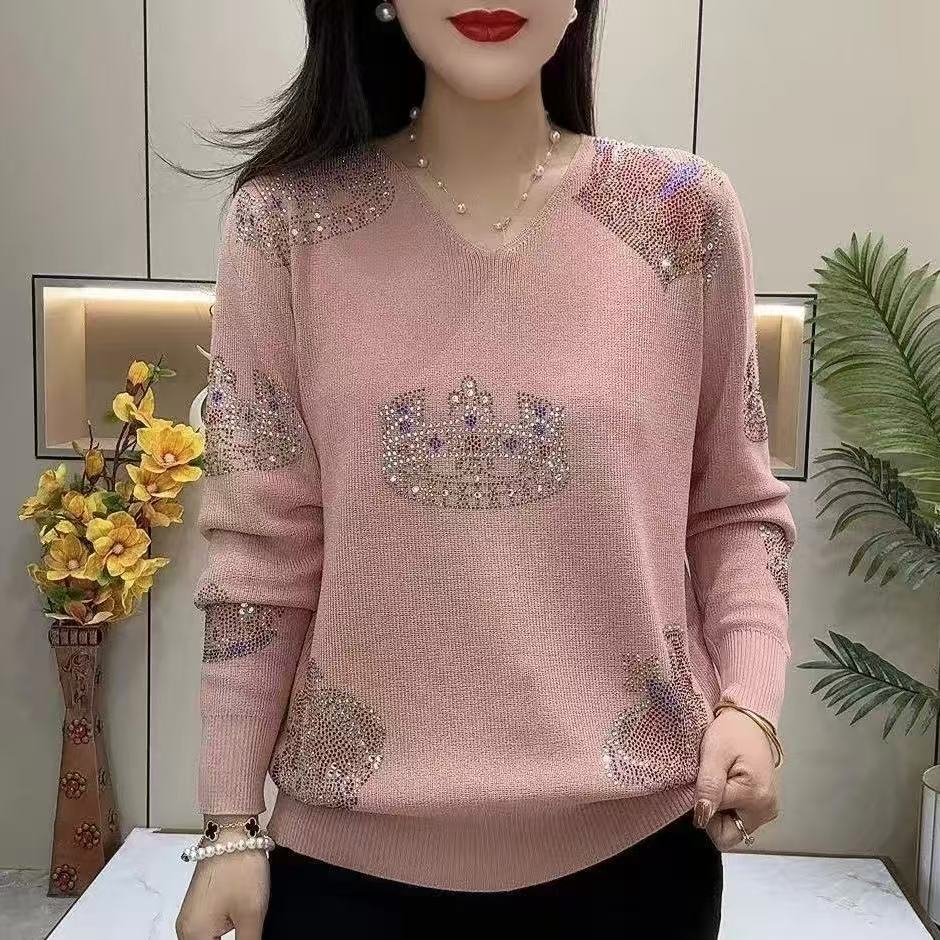 Spring Autumn Women's Plus Size Sweater Thin Loose Fit Rhinestone V-Neck Pullover Knit Top