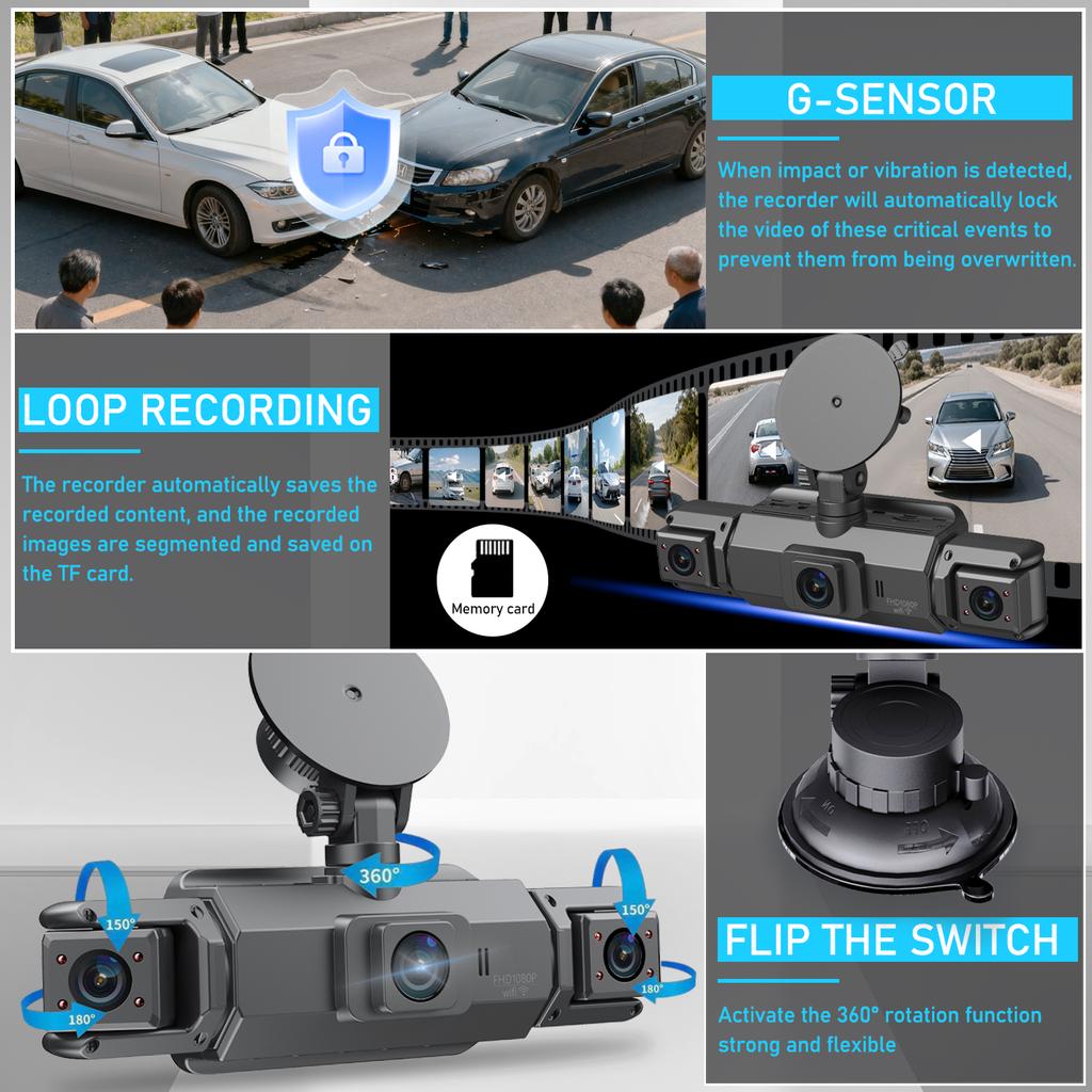 4-channel 360° Panoramic Dash Cam with 3.0-inch HD Display, Wide Angle, Super Night Vision, WiFi Connection, Loop Recording and