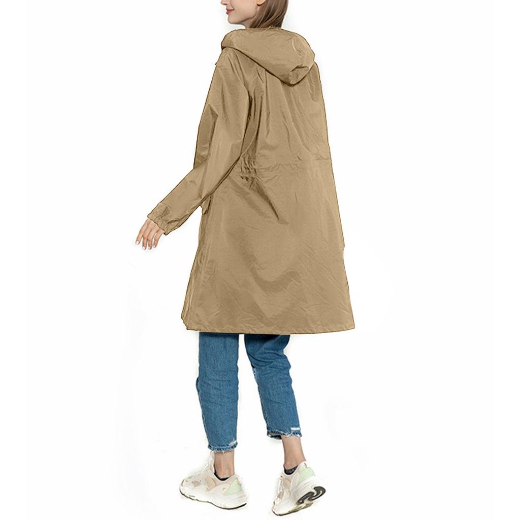 Women Hooded Zipper Mid-length Windproof Raincoat Jacket