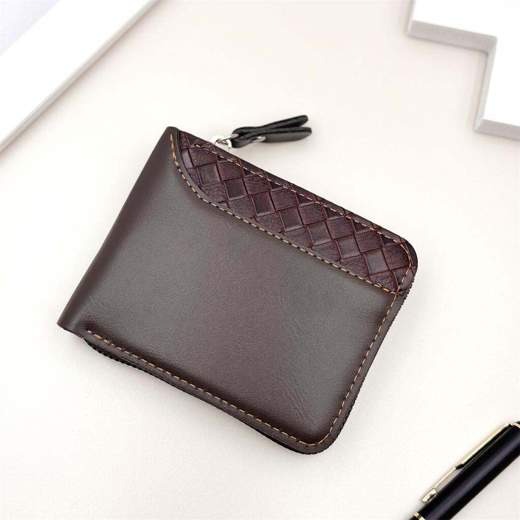 Herren Vintage PU Leder Geldbörse Reißverschluss Dreifach gefaltet Kurze Geldbörse Gewebtes Patchwork Multi Kartenhalter Münzfach Ausweisfenster Lässige Business Geldbörse