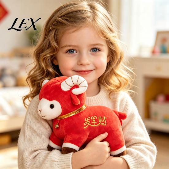 Chinese New Year Decor Plush Red Sheep Doll for Lunar Decoration, Soft Stuffed Animal Toy with Plushie Auspicious Embroidery And Bell Collar,