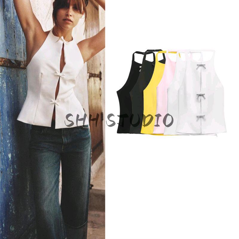 Summer New Product Women's Clothes French Style Design Bowknot Decoration Hanging Collar Backless Short Tops 4772009