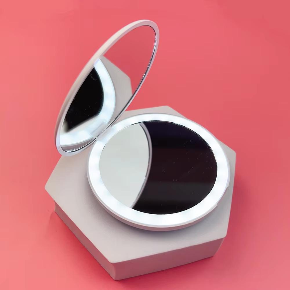 Pocket LED Makeup Mirror Round Portable Folding Small with Light Travel Handheld Cosmetic Compact 2X Magnifying Lighted Mirror