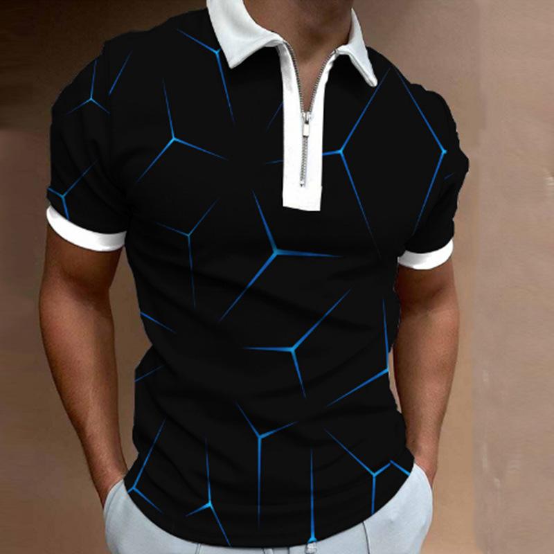 Geometric Pattern Short-Sleeve Zip Polo Shirt, Stylish Casual Men's Top