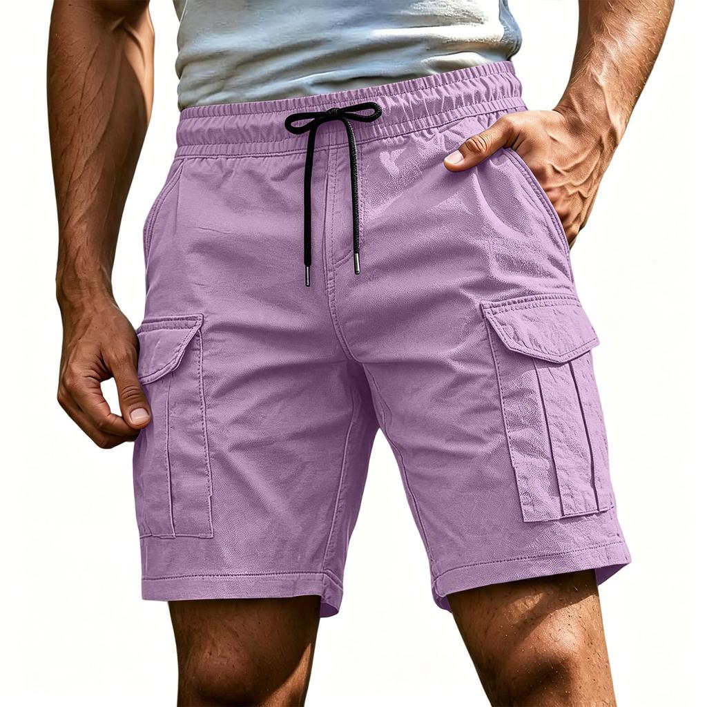 Men's Casual Cargo Shorts Elastic Drawstring Waist Multi-Pocket Summer Quick Dry Workout Solid Color Beach Short Pants
