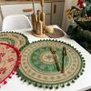 Weihnachts-Retro-Jute-Tischset Rund Bedruckt Gewebt Esstischmatte mit Wollkugel Hitzebeständig Heimdekorative Kaffeetassenuntersetzer
