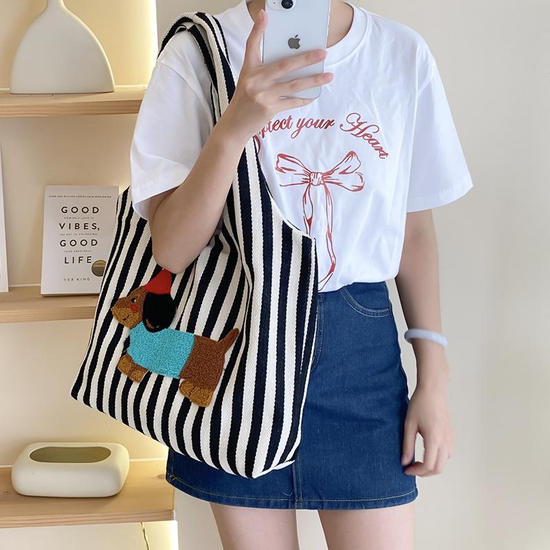 Cute Dog Embroidery Women's Shoulder Vest Bag Large Capacity Female Commute Shopping Bags Simple Striped Ladies Tote Handbags