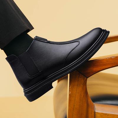 Botas Chelsea Masculinas de Couro Genuíno Confortáveis Slip on Botins Moda Elegantes Calçado de Negócios Quentes Pelúcia Inverno Botas