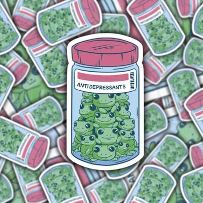 Frog Anti-Depressants Sticker, Jar of Frogs, Antidepressant Pill Bottle, Frog Lover Gift, Waterproof Vinyl Sticker for Hydroflask ||