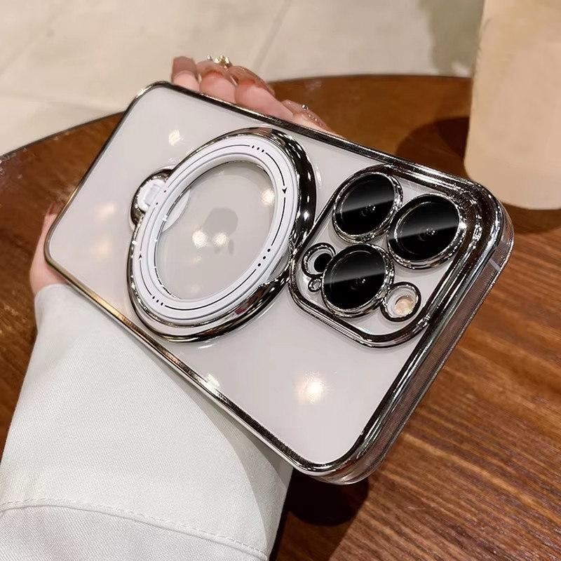 

Роскошный чехол Magsafe для беспроводной зарядки iPhone 11 12 13 14 15 16 Pro Max Plus с прозрачным магнитным кольцом и кронштейном, чехол-бампер iPhone 16 Pro серебряный