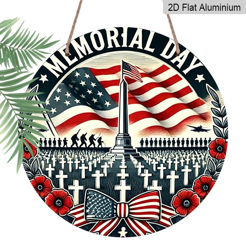 2D Flat, 1pc Memorial Day Round Metal Wall Art - Military Tribute with American Flag, Arlington Cemetery Tombstones & Iwo Jima Soldiers - Vintage 7.87x7.87inch