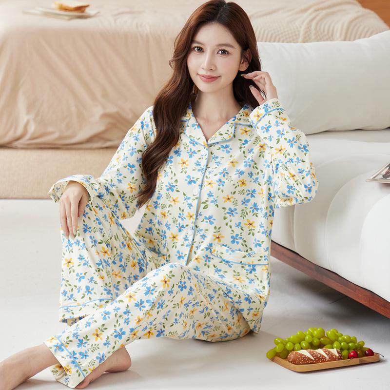 Middle-aged Mother Pajamas Women's Spring and Autumn Imitation Cotton Long-sleeved Lapel Cardigan Autumn Mother-in-law Loungewear Set