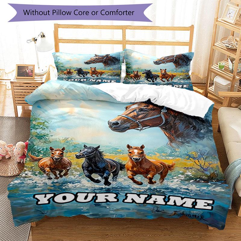 3PC Custom Name Horse Family Free Bedding Set Duvet Cover Closure Includes 1 Duvet Cover & 2 Pillowcases for Bedroom