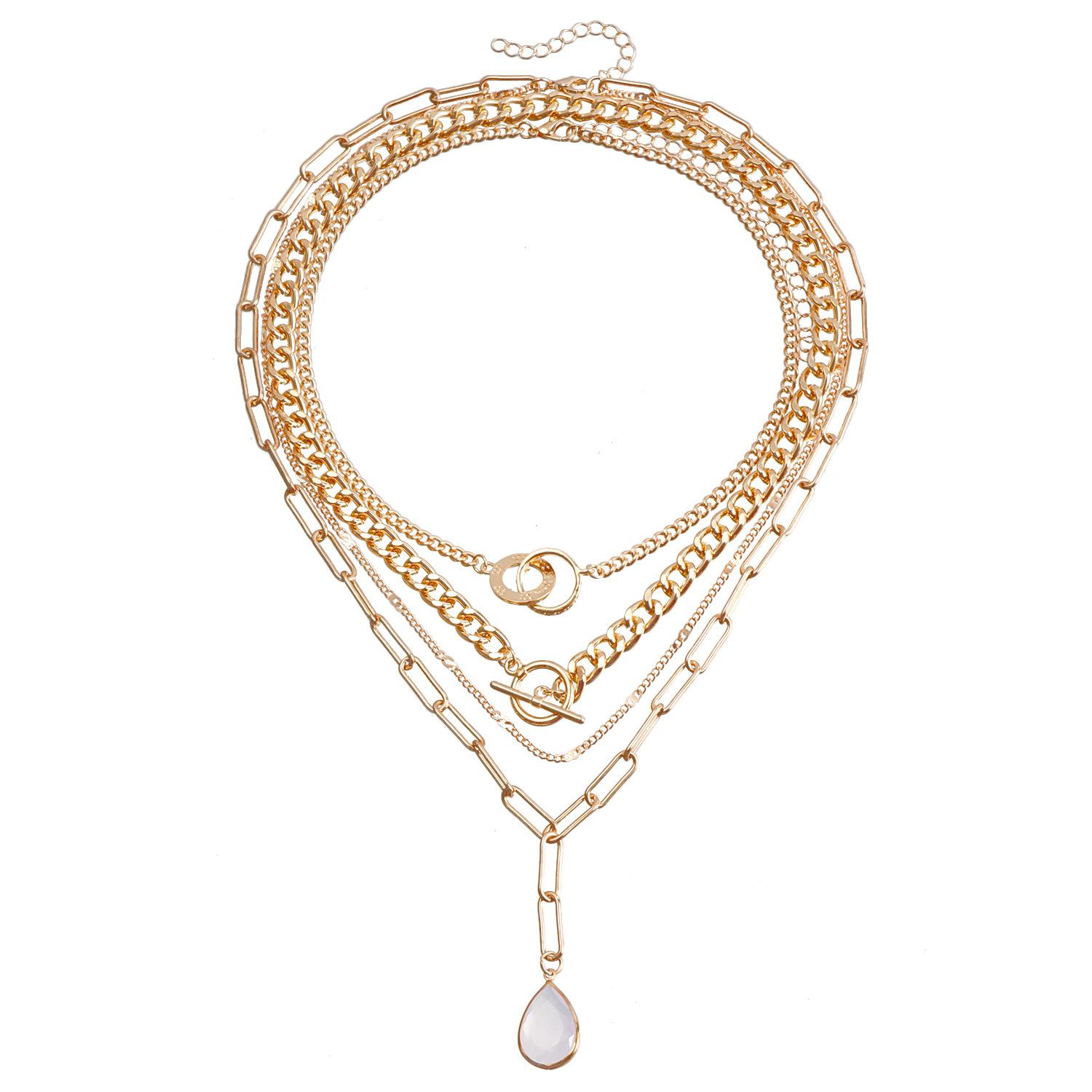 Metal wind multi-layer chain double-ring necklace, punk versatile water drop acrylic diamond necklace. золотой