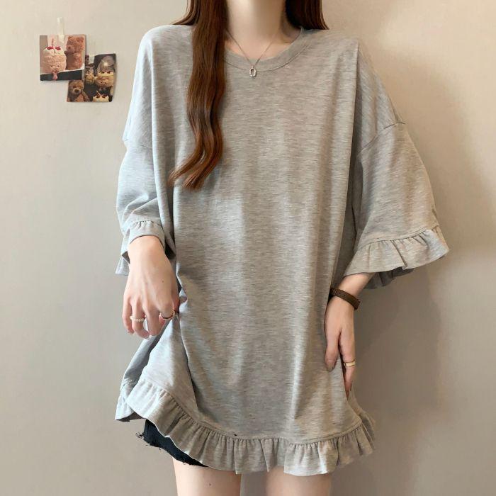 

Plus Size Solid Color Patchwork Ruffle Cuff 3/4 Sleeve Slimming T-Shirt 2X Large сірий колір